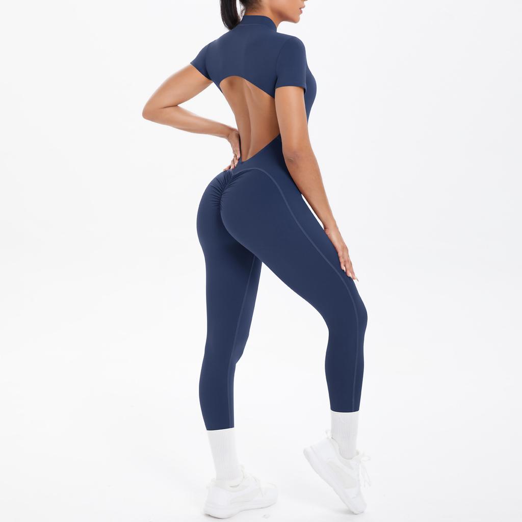 New Tight Fitting Backless Hollow Short Sleeved Pants Jumpsuit, Sports Running Fitness Jumpsuit, Yoga Suit