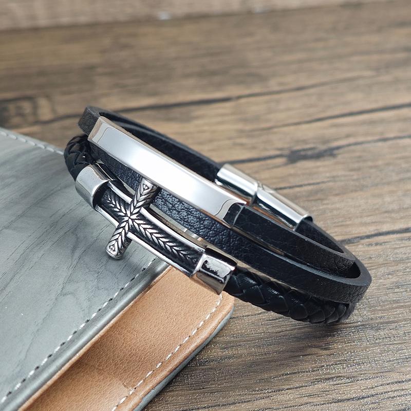 Charm Cross Braid Pattern Leather Woven Stainless Steel Bracelet Magnetic Buckle Rope Woven Bracelet Men's Jewelry Gifts