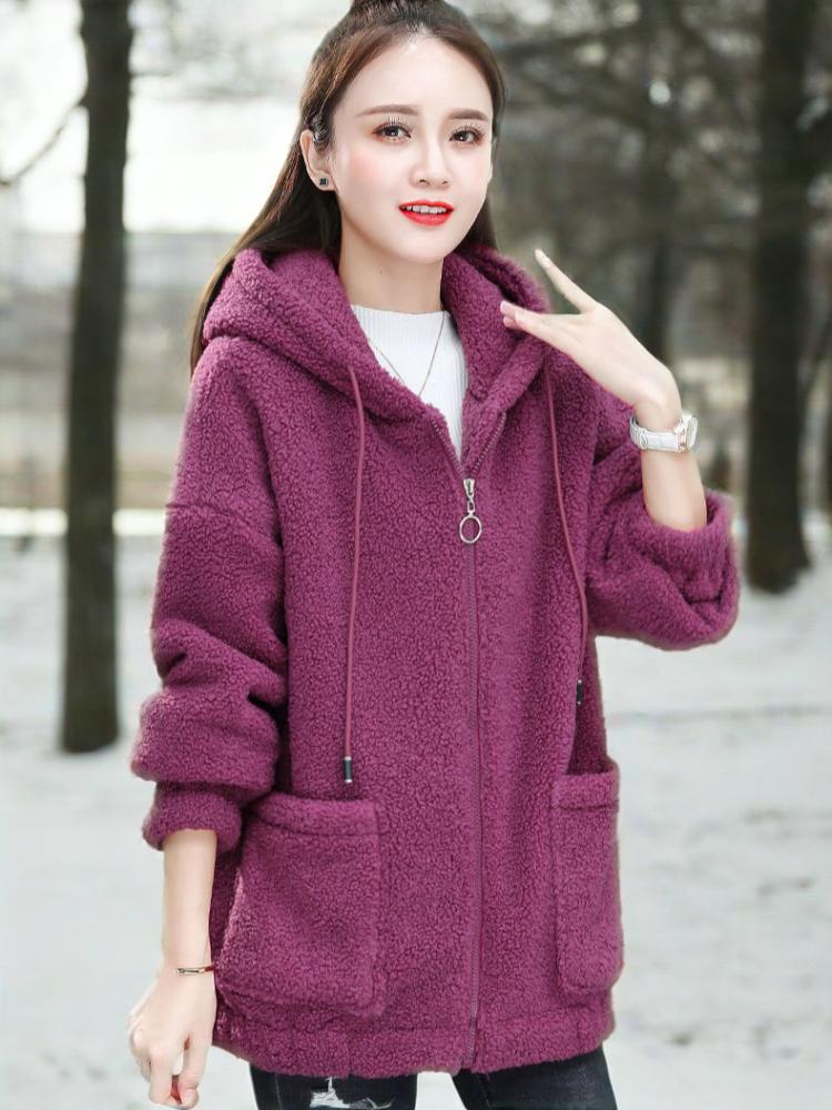 Lamb fleece hoodie for women with thickened fleece, loose autumn and winter Korean zipper cardigan, teddy fleece