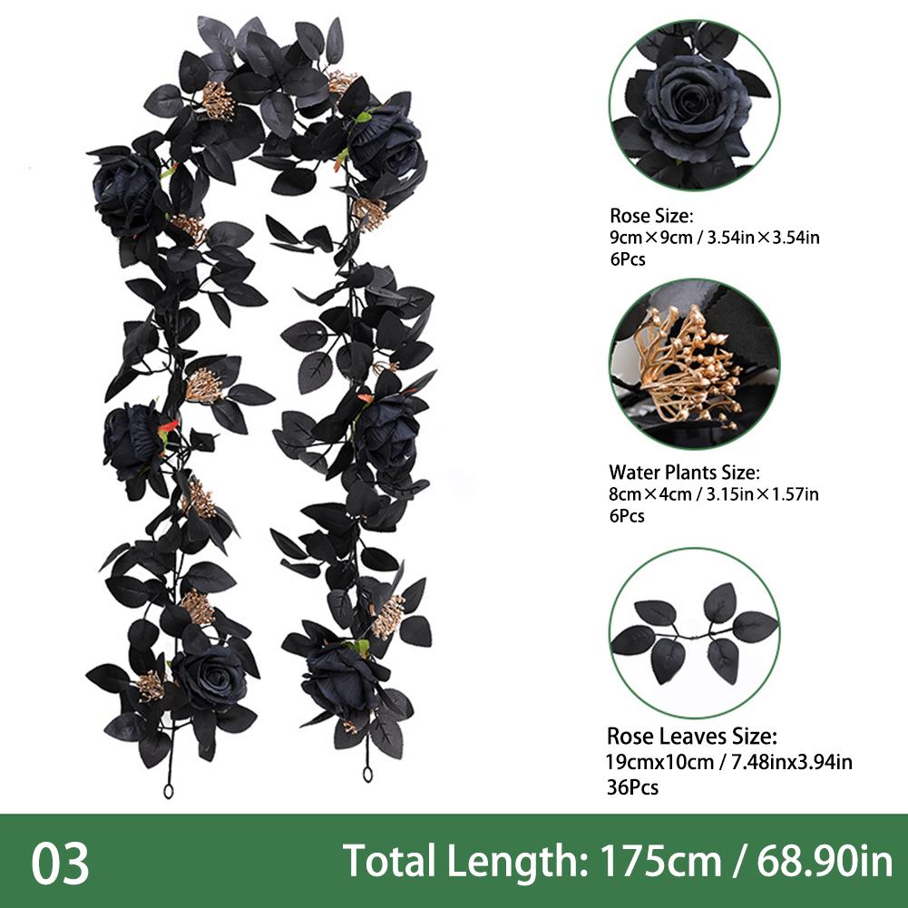Artificial Black Rose Vine Lifelike Simulated Rattan Fake Leaves Gothic Halloween Garland Home Party Scene Halloween Decorations