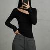 Summer New Style Hollow Design Long-sleeved T-shirt Simple Black Irregular Top for Women