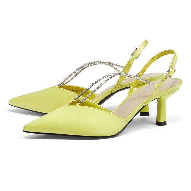 Charles & Keith PU Half Gem Chain Pointed Toe High Heel Sandals Women sandals Mustard-Yellow CK1-60280331_LIME