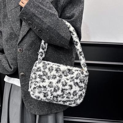 Retro Leopard Plüsch Umhängetaschen für Damen Leichte Tragbare Damen Handtaschen Geldbörse Winterlich Lässig Quadratische Achseltasche für Damen