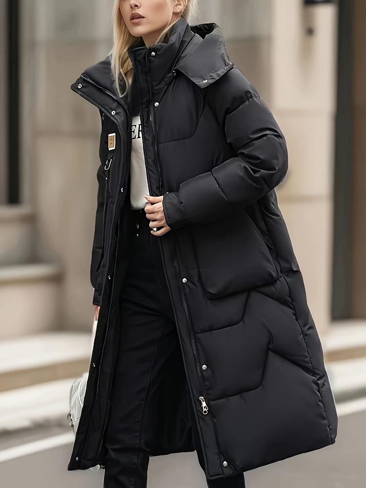 Solid Color Zip-Up Hooded Coat, Versatile Warm Quilted Detail Long Sleeve Mid-length Coat for Winter, Women's Clothing