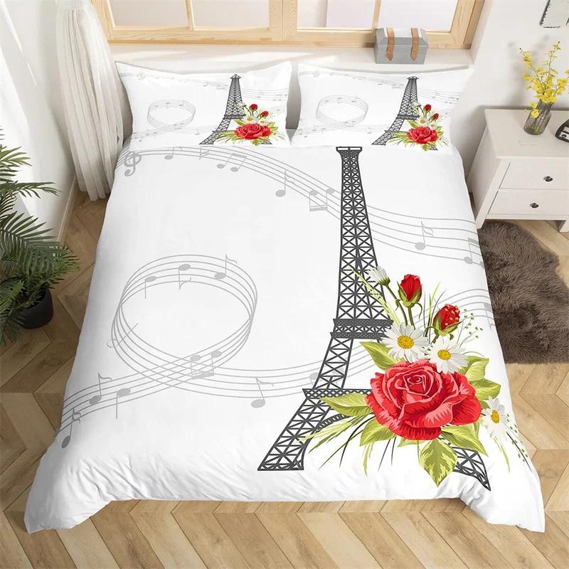 Paris Eiffel Tower Duvet Cover Set Twin King Cherry Blossoms Comforter Cover Microfiber Romantic Theme Bedding Set For Girl Teen