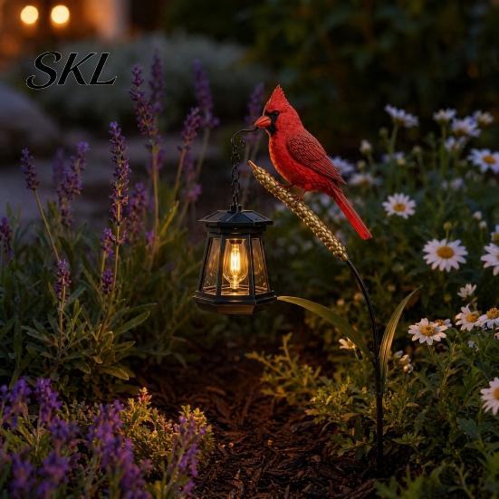 Rust-resistant Memorial Light Metal Red Bird Garden Stake Lamp, Vintage Lantern for Cemetery Yard Patio, Long-lasting Outdoor Rustic Ornament,