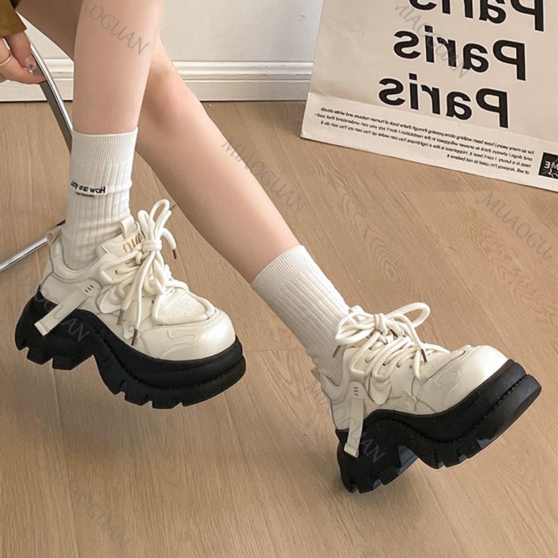 Height Increasing Platform Sneakers for Women Chunky Heel Lace Up Casual Shoes Women 2026 Spring Autumn Female Sports Tennis