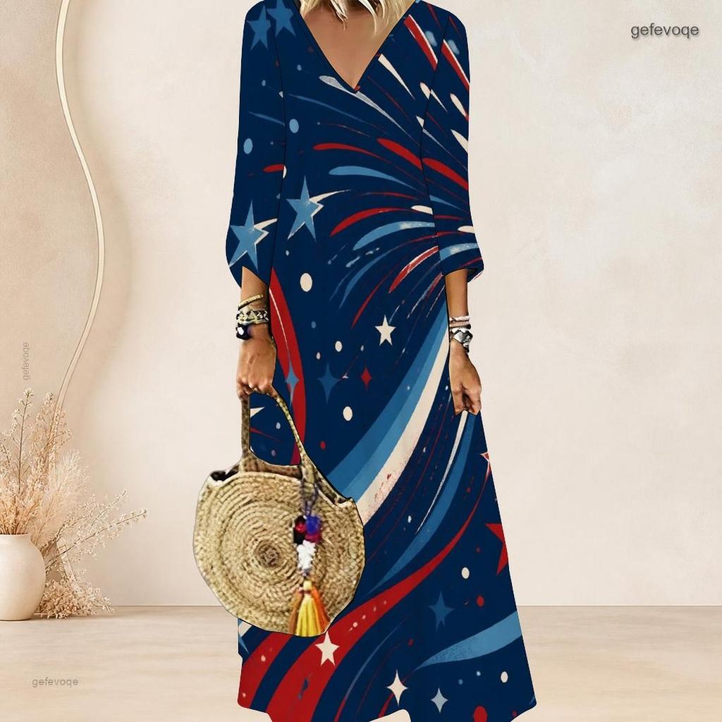 Plus Size Women V Neck 3 4 Sleeve Maxi Dress Trendy Soft Street Outfit