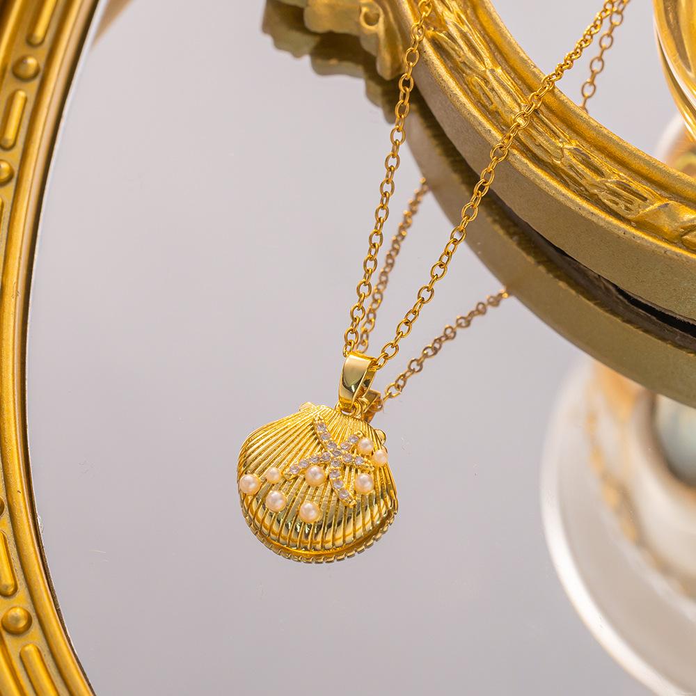 Damen Mädchen Mode Meerestiere Halskette Edelstahl Kette Glänzend Zirkon Seestern Muschel Oktopus Schmuck Zubehör Geschenke