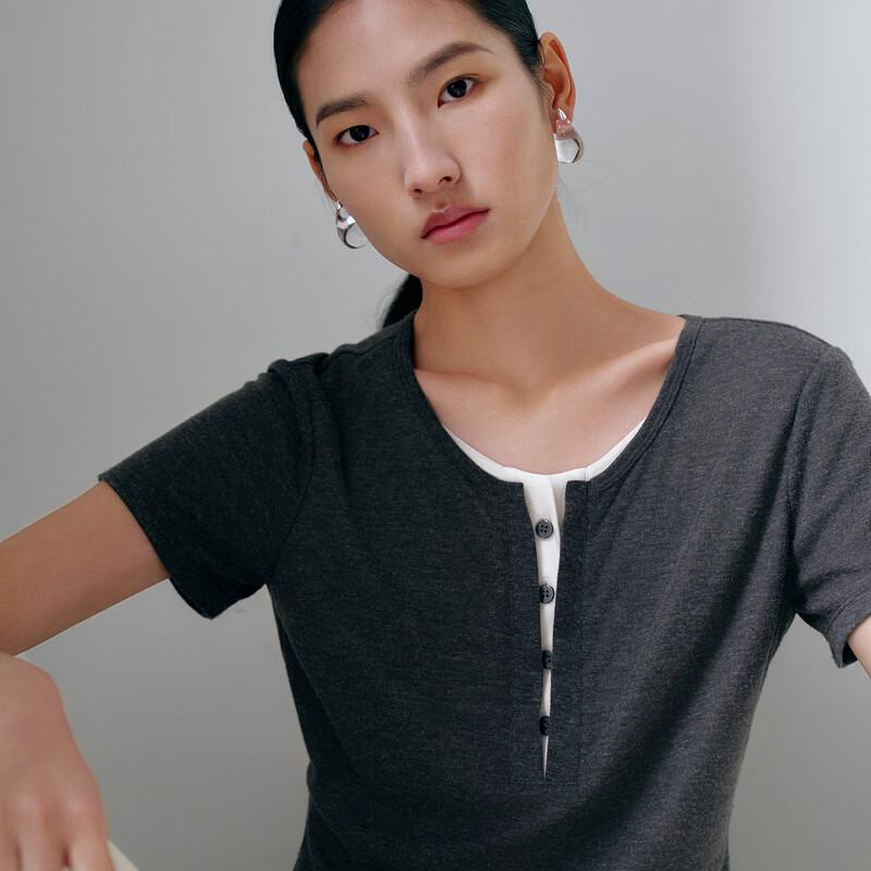 Sancai Women's Short Sleeve Fake Two-Piece T-shirt