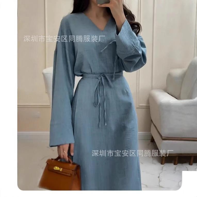 European And American New Elegant Solid Color Sexy Waist Fashion Princess Sleeve Medium And Long Dress