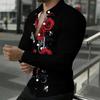 Men Collared Shirt Black Red Rose White Butterfly Swirl Print Long Sleeve Button Down Top