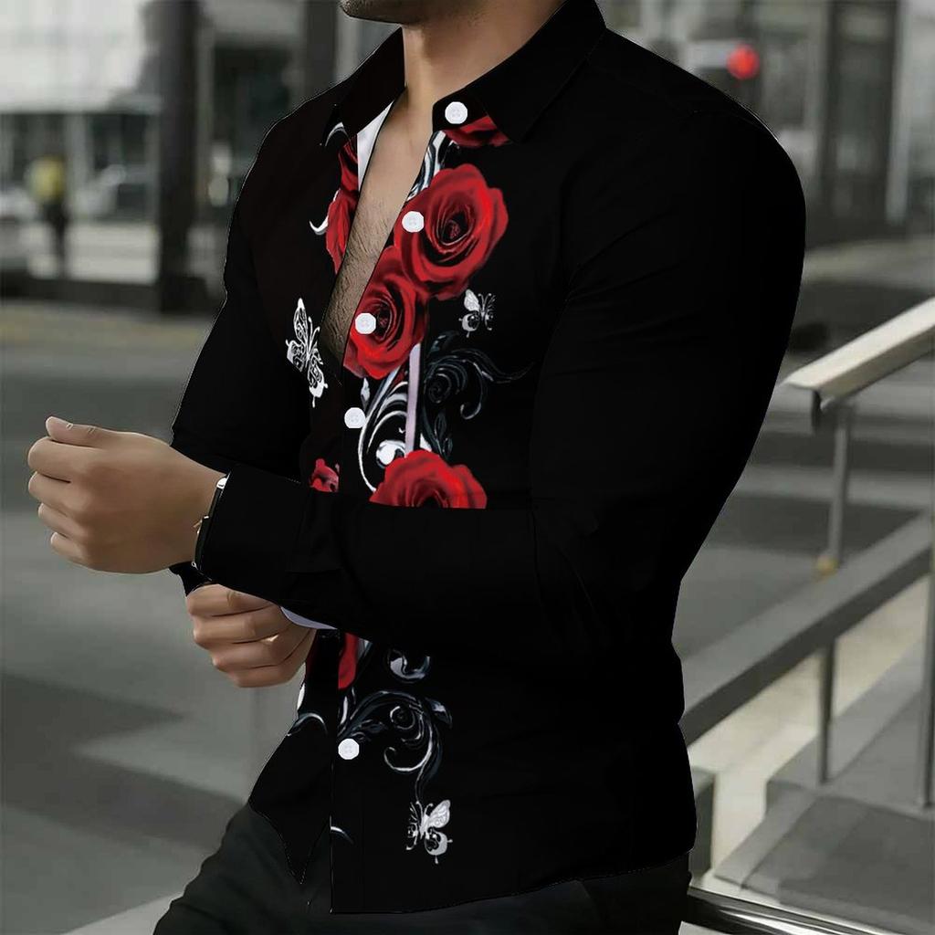 Men Collared Shirt Black Red Rose White Butterfly Swirl Print Long Sleeve Button Down Top