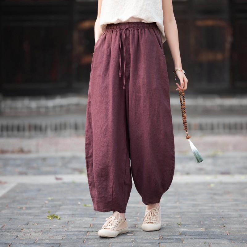 Johnature Vintage Women Bloomers Pants Solid Color Autumn Loose Trousers Elastic Waist Soft Female Ankle-length Pants