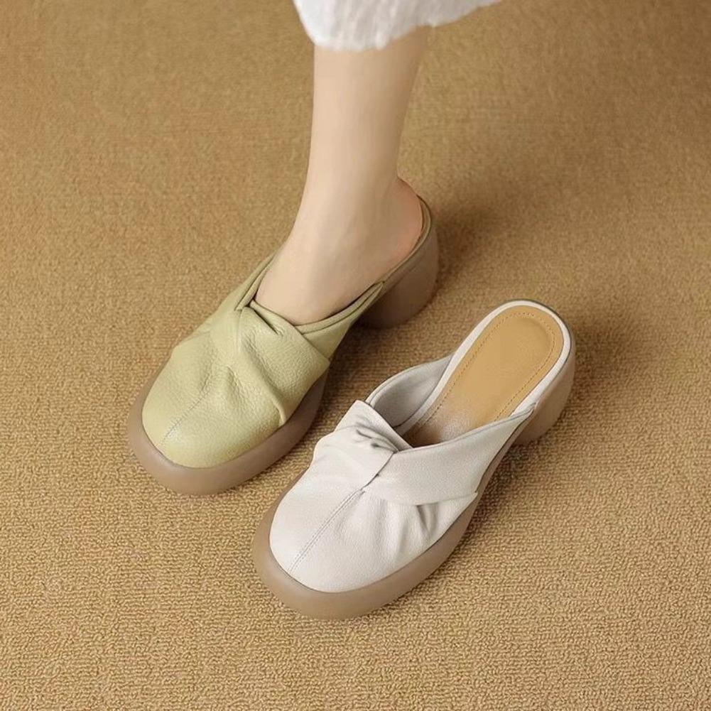 Fashion 2025 Women Closed Toe Summer Shoes New Comfort  Leather PU High-heeled Ladies Sandals Platform Casual Mules Slippers Women