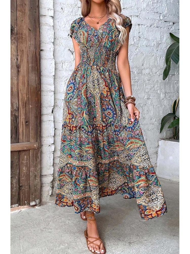 Bohemian Floral Maxi Dress for Women European American Holiday Style with Waist Accent