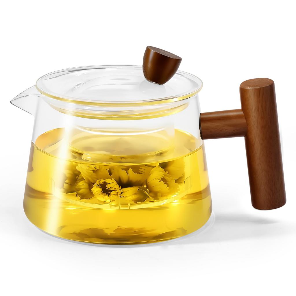 FGIUKC Heat-Resistant Glass Teapot, 500ml, with Wooden Handle, Transparent Glass Teapot with Strainer, Suitable for Green Tea, Black Tea, Fruit Tea,