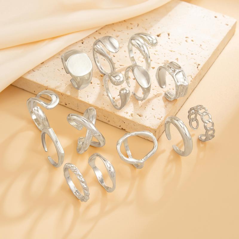 1Set Irregular Glossy Metal Open Rings For Women Vintage Punk Gold Silver Color Personality Finger Ring Female Jewelry