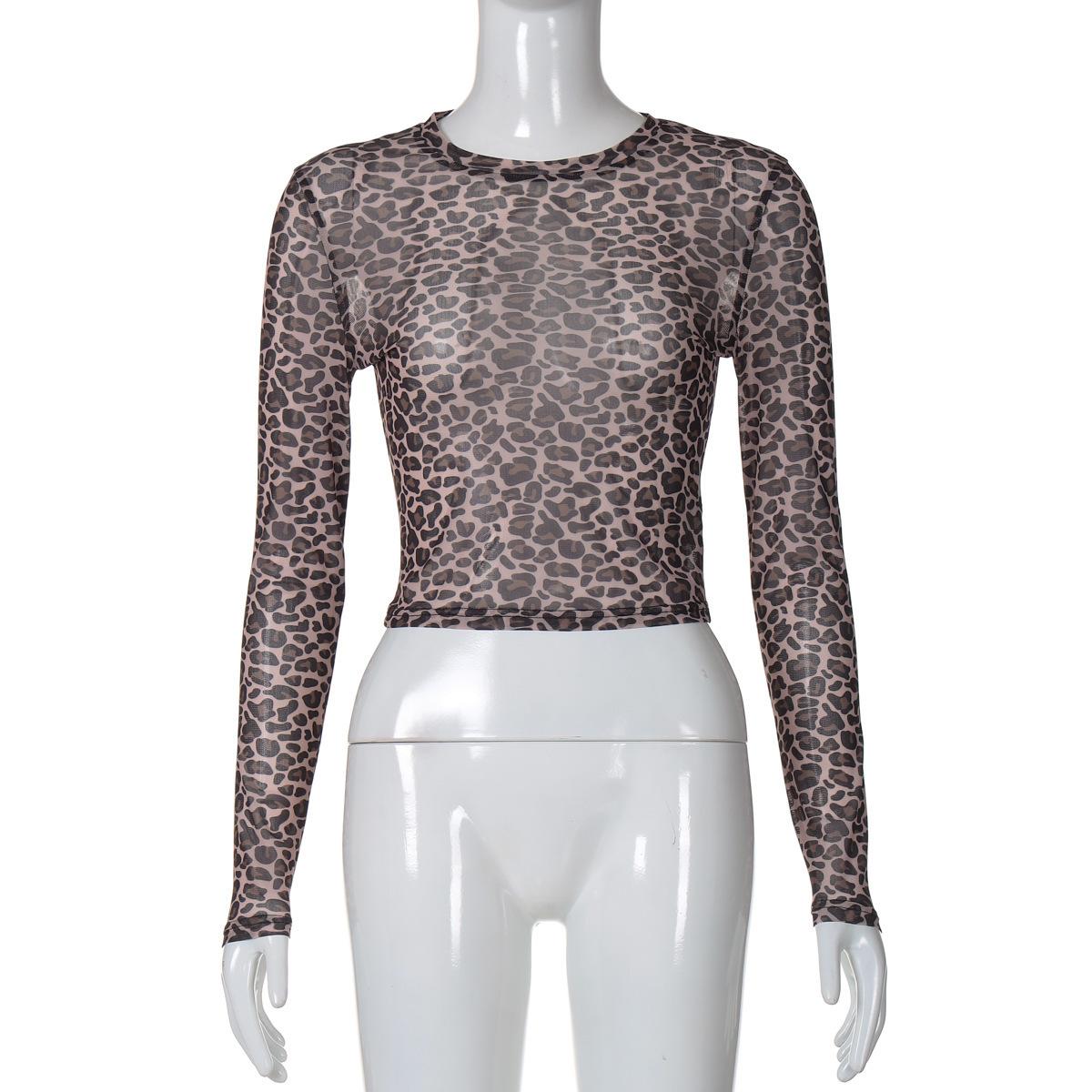 

Европейская и американская сексуальная летняя женская футболка топ Y2K с круглым вырезом, сетчатая, прозрачная, с длинным рукавом L цветной печати леопарда