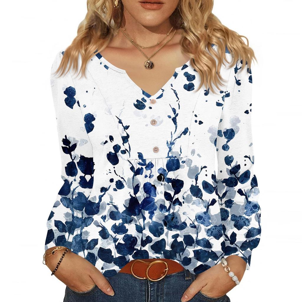 Women's Fashionable Casual V-neck Blouse Button Long-sleeved Pullover T-shirt Top