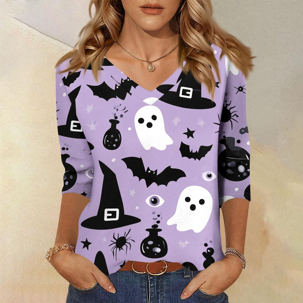 Womens Halloween Print V Neck Top Three Quarter Sleeve Casual Shirt Lightweight Soft Fabric Relaxed Fit Comfortable Everyday Wear