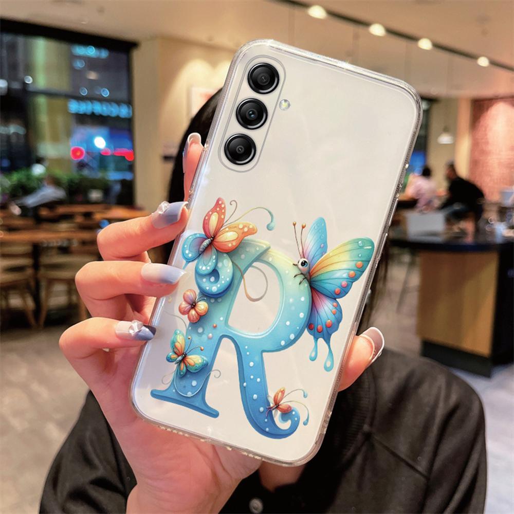 For Samsung Galaxy A54 A14 A34 A24 Blue Butterfly Flower Letters A-Z Couple Phone Case Transparent Clear Silicone Bumper Cover