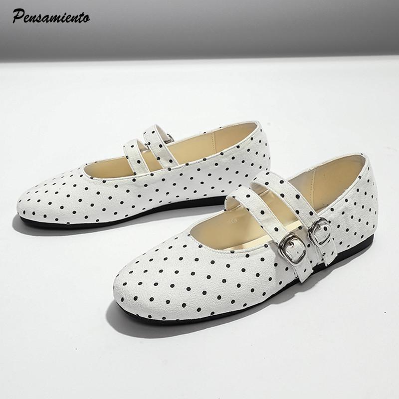 Polka Dot Strap Buckle Women Ballet Flats Comfortable Soft Soles Mary Janes Walking Loafers Street Style Dance Shoes