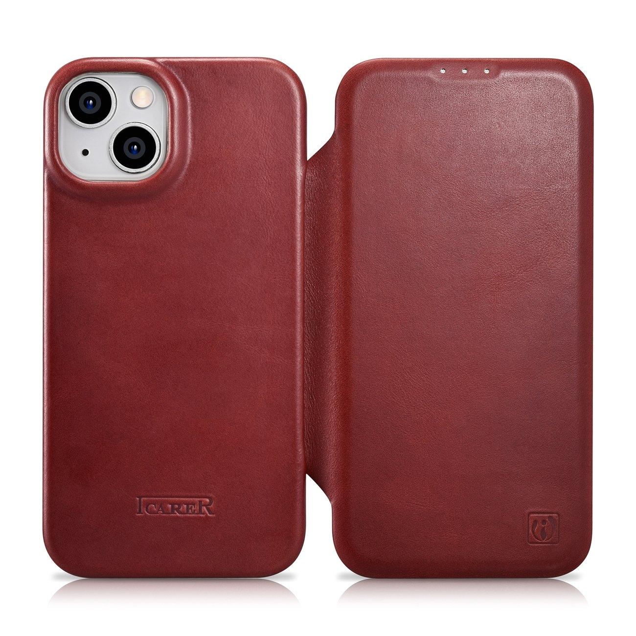 Super Merchant IPhone 14 Plus Lederen Hoesje Met Magnetische Flip MagSafe Ce Olie Was Premium Leer Bordeaux Rood