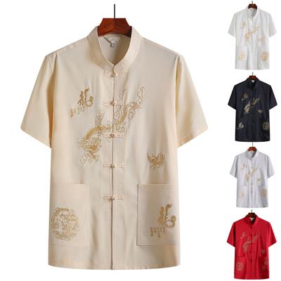 Tangs Suit Top Embroidery Dragon Solid Color Stand Collar Short Sleeve New Year Wear Super Soft Chinese Kung Fu Wing Chun Garment Shirt Men Clothing