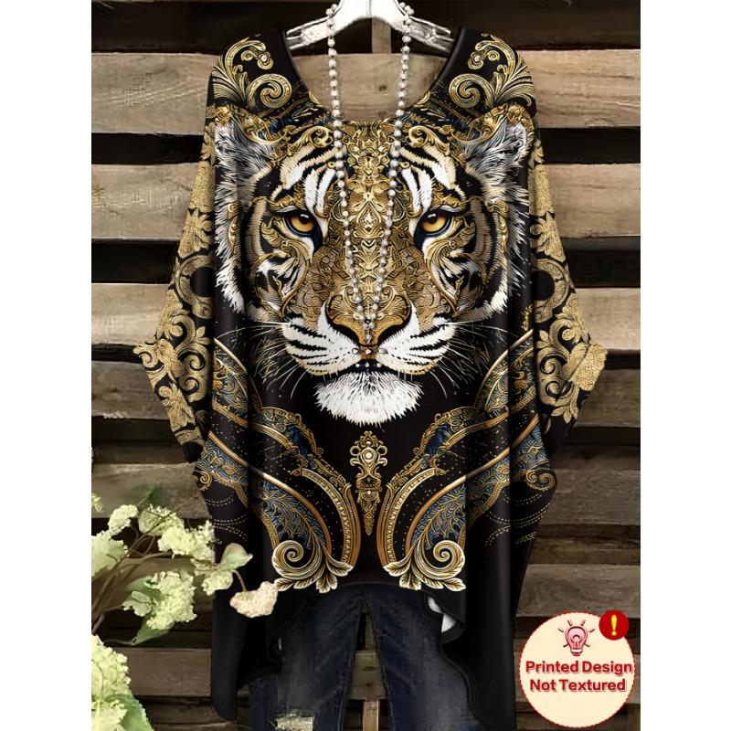 Black Gold Tiger Head Totem Print Large Size T-Shirt - Casual Short Sleeve