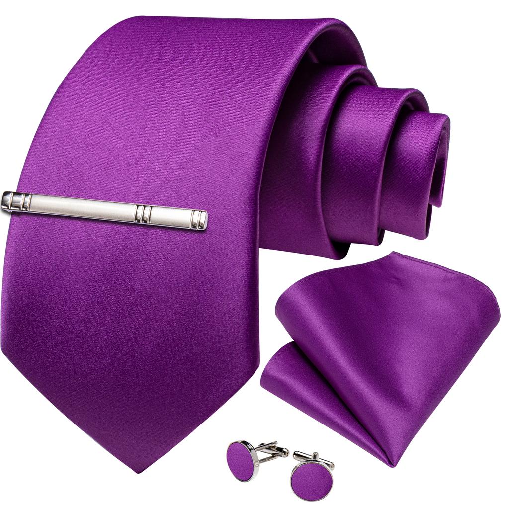 US Slik Mens Tie Clip Set Purple Striped Necktie Pocket Square Cufflinks Wedding