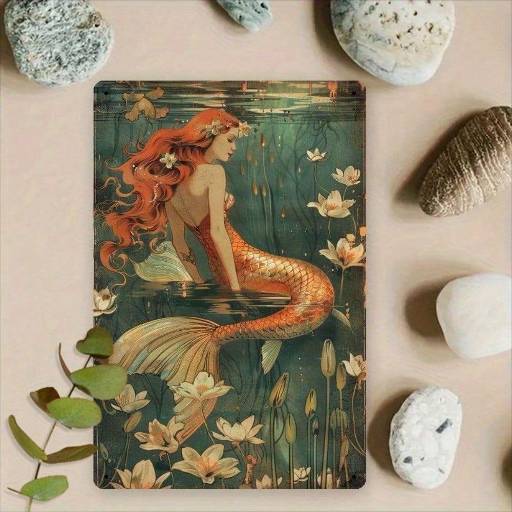Metal Poster Vintage Mermaid Flower Art 8x12 Inch Wall Decor for Bathroom Living Room