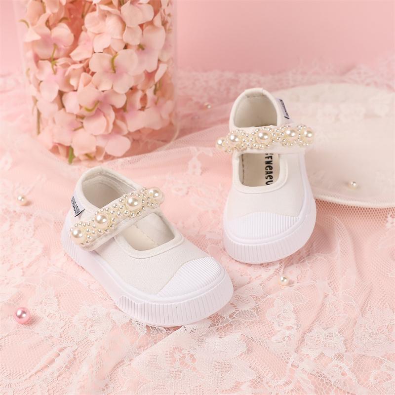 Baby Children Casual Canvas Shoes Girls Soft-Soled Non-Slip Sneakers Breathable Solid Color Imitation Pearl Kids Shoes
