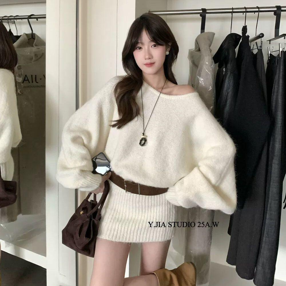 2026 French Off-the-Shoulder Slimming Knit Dress - Elegant Waist-Cinched Design S 40-45 kg белый