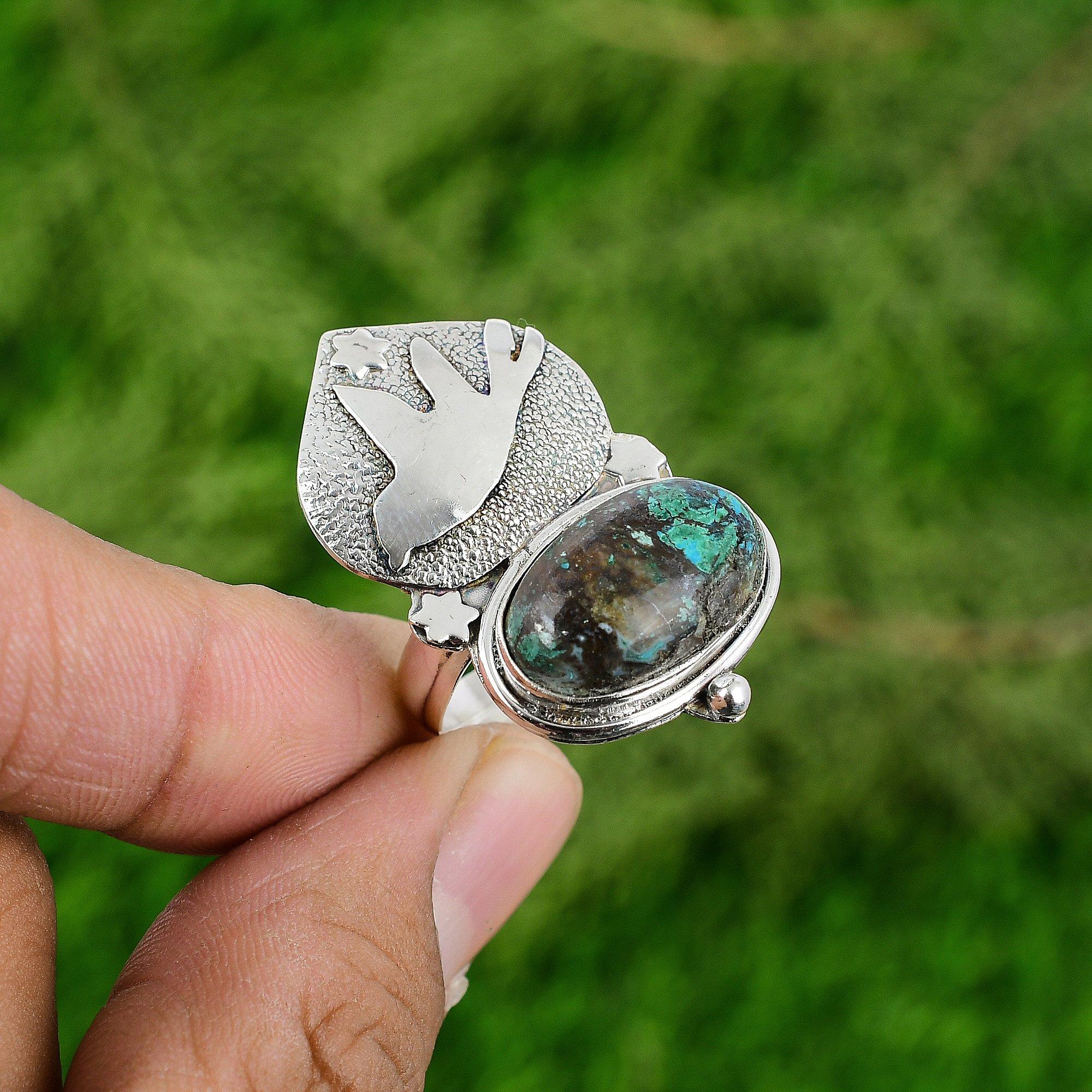 

Natural Chrysocolla Gemstone Stackable Bird Adjustable Ring 925 Sterling Silver Adjustable