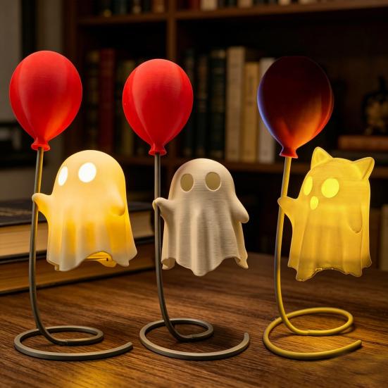 Cute Ghost Figurine with Balloon, Warm LED Ghost Night Light, Halloween Decoration for Bedroom Desk Table Centerpiece Cozy Ornament Gift