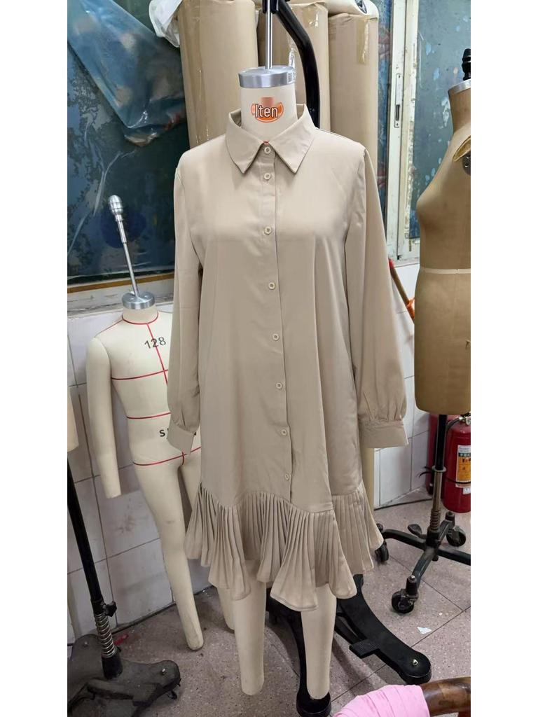2025 Autumn/Winter European & American Pleated Patchwork Dress with Shirt Collar & Twist Button
