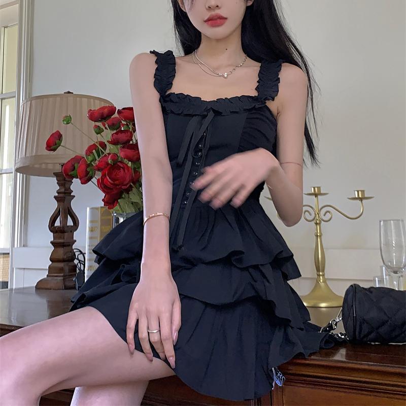 Women's Gothic Goth Harajuku Black Slip Dress Ruffles Y2k Streetwear Dark Punk Cake Dresses Party Korean Clothing