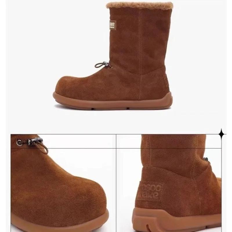 Modische Wildleder Schneestiefel Damenschuhe Winter Mittelhohe Stiefel Outdoor Mit Samt Gefütterte Damen Rutschfeste Baumwollschuhe Warme Flache Damenstiefel