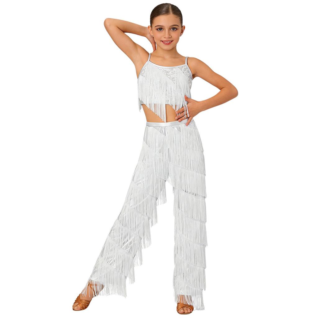 Completo da ballo latino per bambina con pantaloni metallizzati, spalline sottili regolabili, canottiera e frange