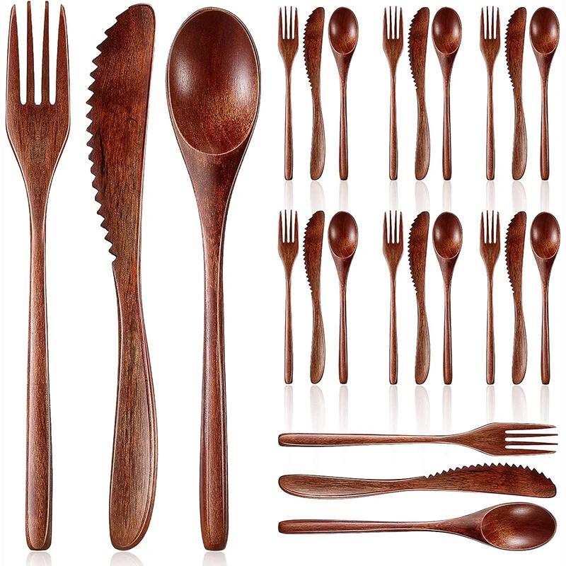 15/24Pcs Wooden Cutlery Set, Wood Spoon Fork & Knife Set for Eating, Reusable Flatware Sets Kitchen Utensils