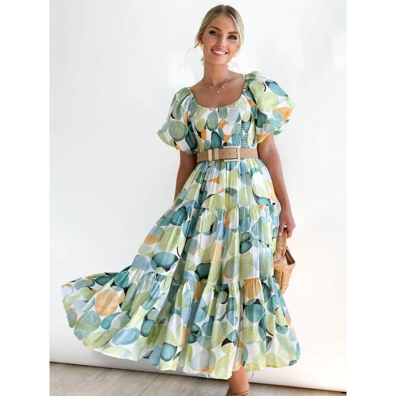 2025 Europe and America Cross Border Spring/Summer New Arrival off-Neck Print Puff Sleeves Silm Mid-Length Tulle Tutu Dress Dress