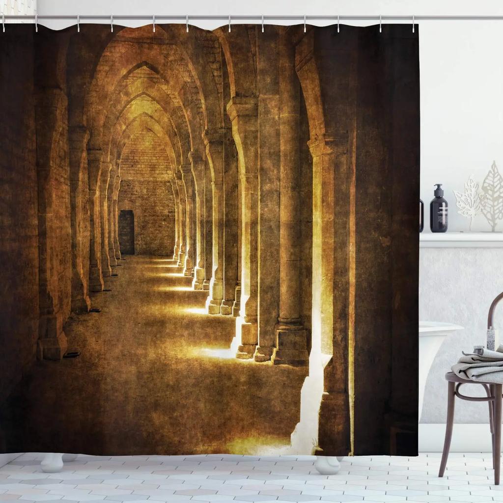 Tenda Doccia Gotica Sala Mistica Oscura con Colonne e Cupola Edificio Santuario Illustrazione Tessuto Stoffa Arredo Bagno con Ganci