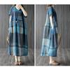 AOLIPT Long Summer Checkered Long Short Loose Plus Natural Women's Dress, Cotton-Linen Dress, Length, Sleeves, V-Neck, Fit, Sizes, Slimming, (M Blue)