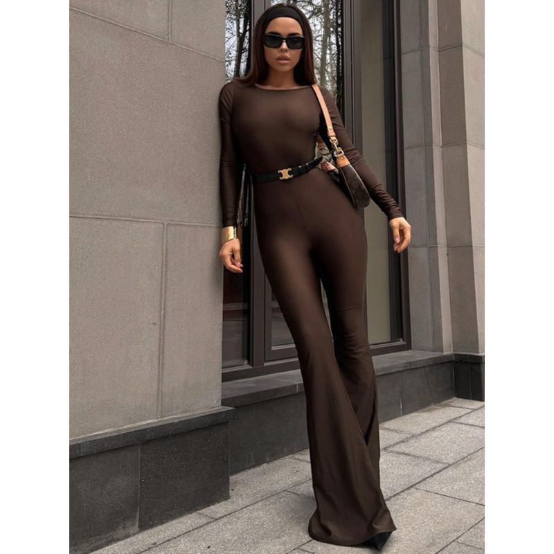 Temperament Solid Long sleeve Slim fit Sexy Backless Micro-Pull Jumpsuit Long Sleeved Sexy Jumpsuit