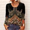2025 V-neck Women's Ethnic Style Print Button Plus Size Casual T-shirt