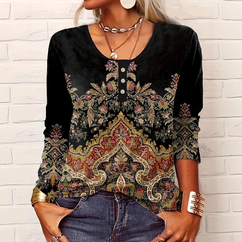 2025 V-neck Women's Ethnic Style Print Button Plus Size Casual T-shirt