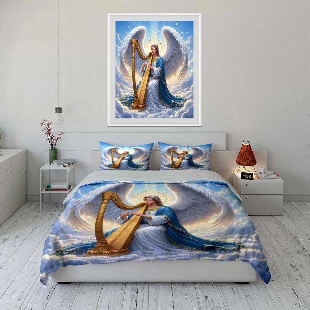 Hemelse Engel met Harp Beddengoed Dekbedovertrek Set (1*Dekbedovertrek 2*Kussenslopen, zonder dekbedvulling)