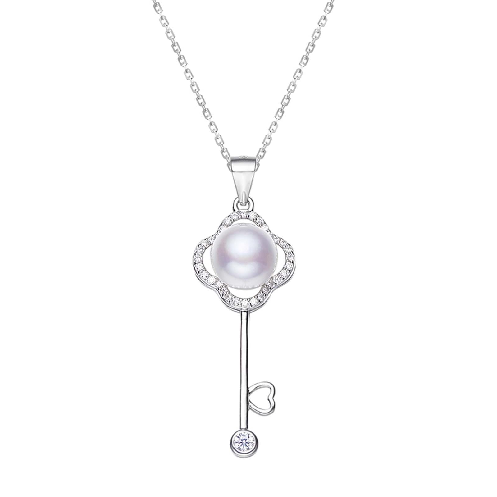 

[MiNG HUANG] Freshwater Pearl Key Necklace, White, 7-8mm, High-Quality Pearl, Women s, Wedding, Party, Silver