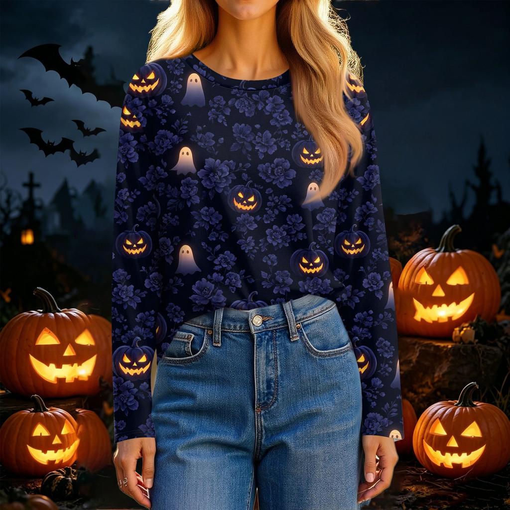 Women's Fashion Casual Long Sleeve Halloween Print Crewneck Top